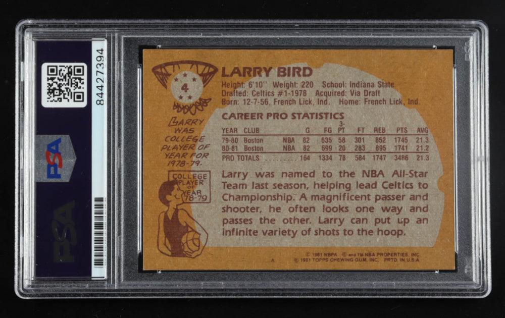 Larry Bird Signed 1981-82 Topps #4 - Autograph Graded PSA 9