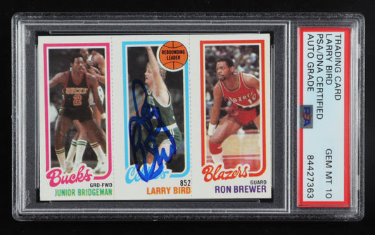 Larry Bird Signed 1980-81 Topps #49 146 Junior Bridgeman / 31 Larry Bird TL / 198 Ron Brewer - Autograph Graded PSA 10 - Rookie Card