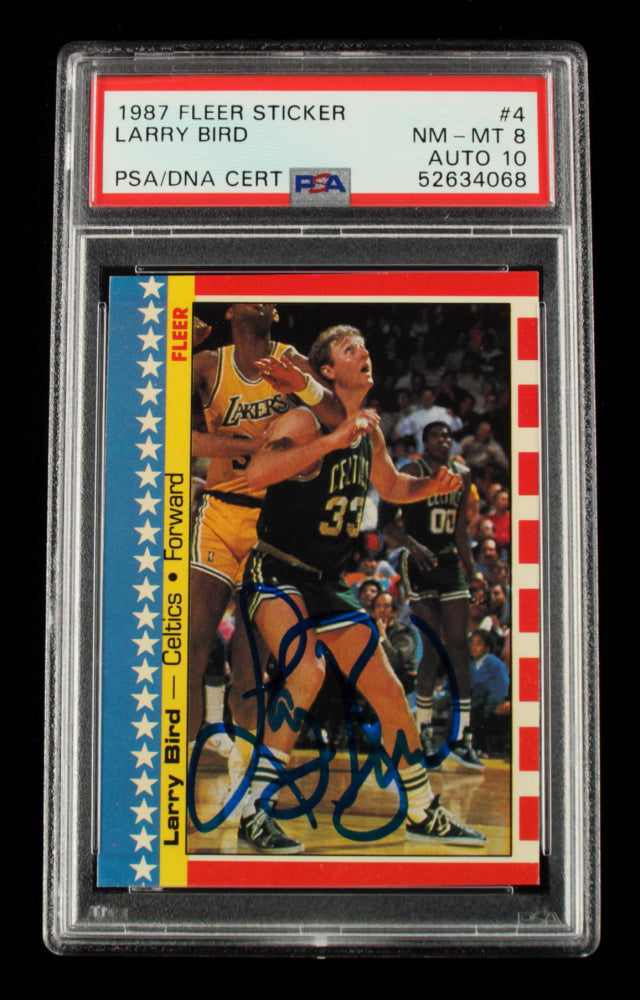 Larry Bird Signed 1987-88 Fleer Stickers #4 - Card Grade (PSA 8) - Autograph Graded PSA 10