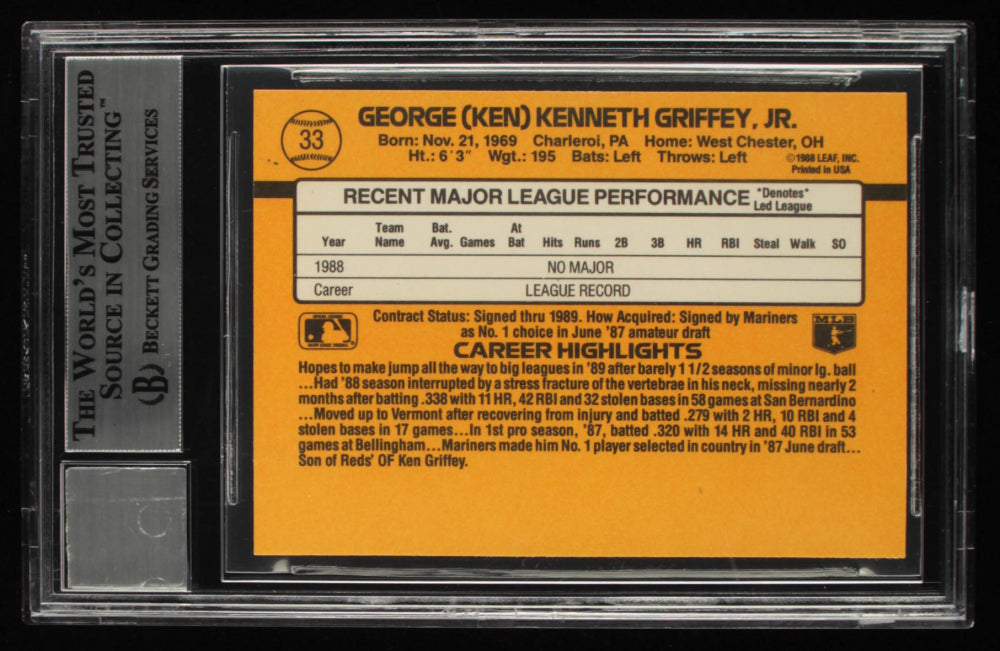 Ken Griffey Jr. Signed 1989 Donruss #33 RR - Autograph Graded Beckett (BGS) 10 - Rookie Card