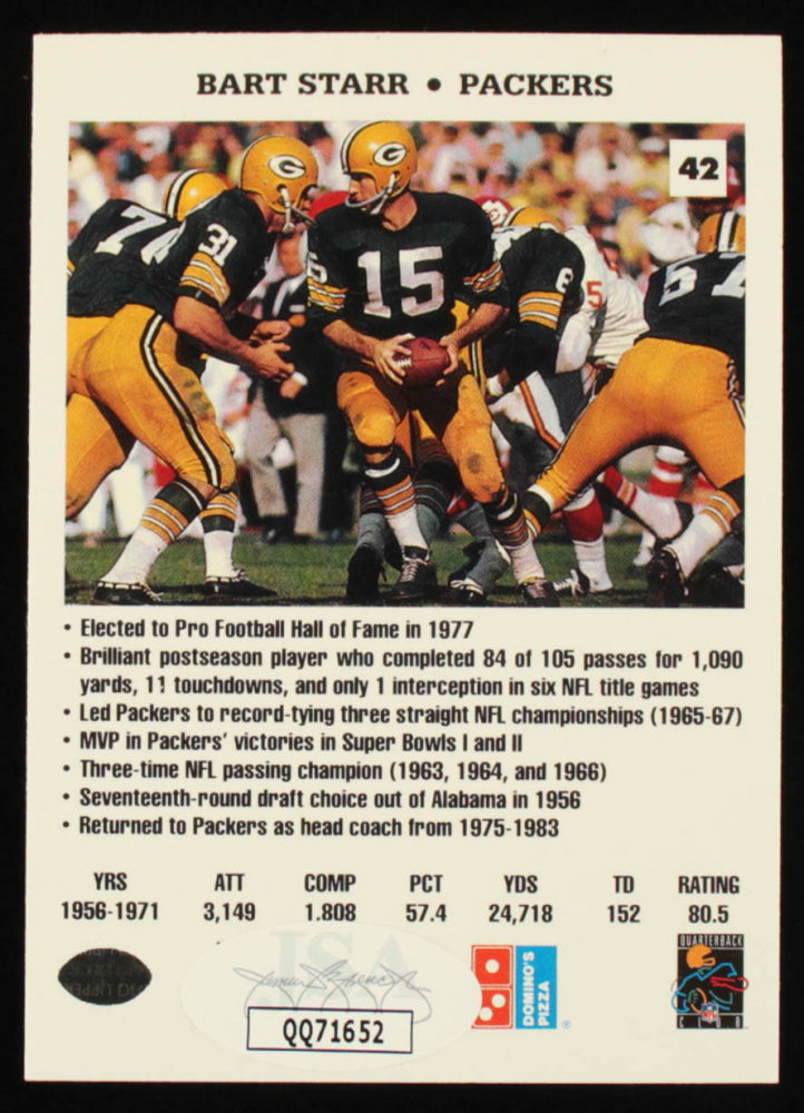 Bart Starr Signed 1991 Domino's Quarterbacks #42 (JSA COA)