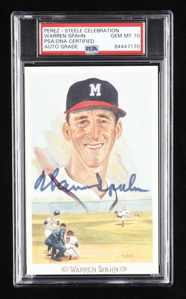 Warren Spahn Signed Braves 3.5x5.5 LE Perez Steele Galleries Hall of Fame Postcard (PSA Encapsulated) Limited Edition # 3,536 / 10,000