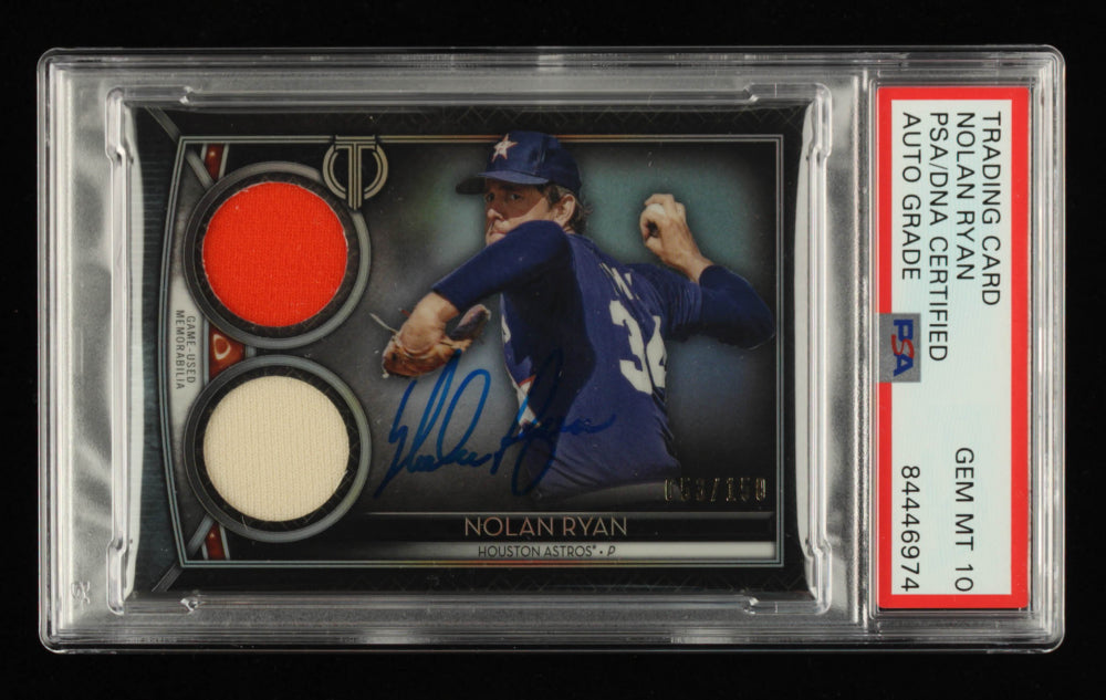 Nolan Ryan Signed 2020 Topps Tribute Dual Relics #SDRNR Serially Numbered #53 / 150 - Autograph Graded PSA 10