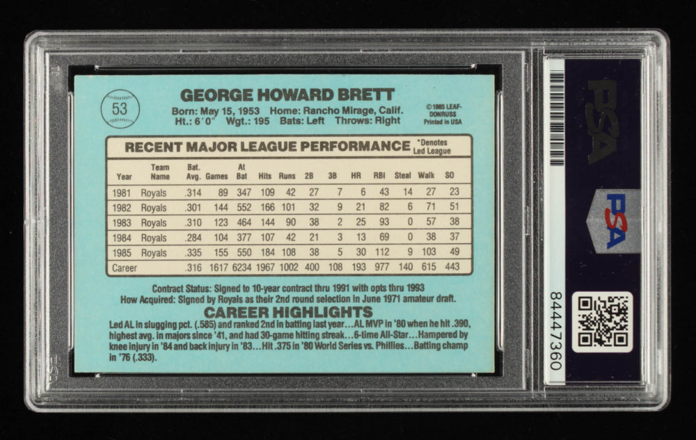 George Brett Signed 1985 Donruss #53 - Autograph Graded PSA 10