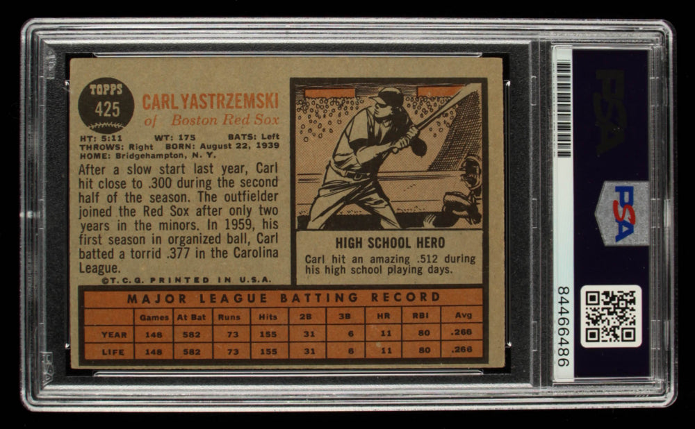 Carl Yastrzemski Signed 1962 Topps #425 - Autograph Graded PSA 10