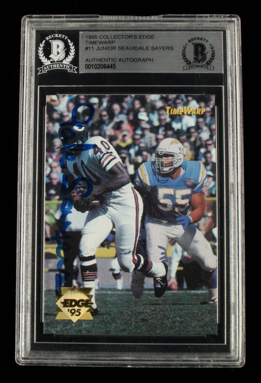 Gale Sayers Signed 1995 Collector's Edge TimeWarp #11 Junior Seau (BGS Encapsulated)