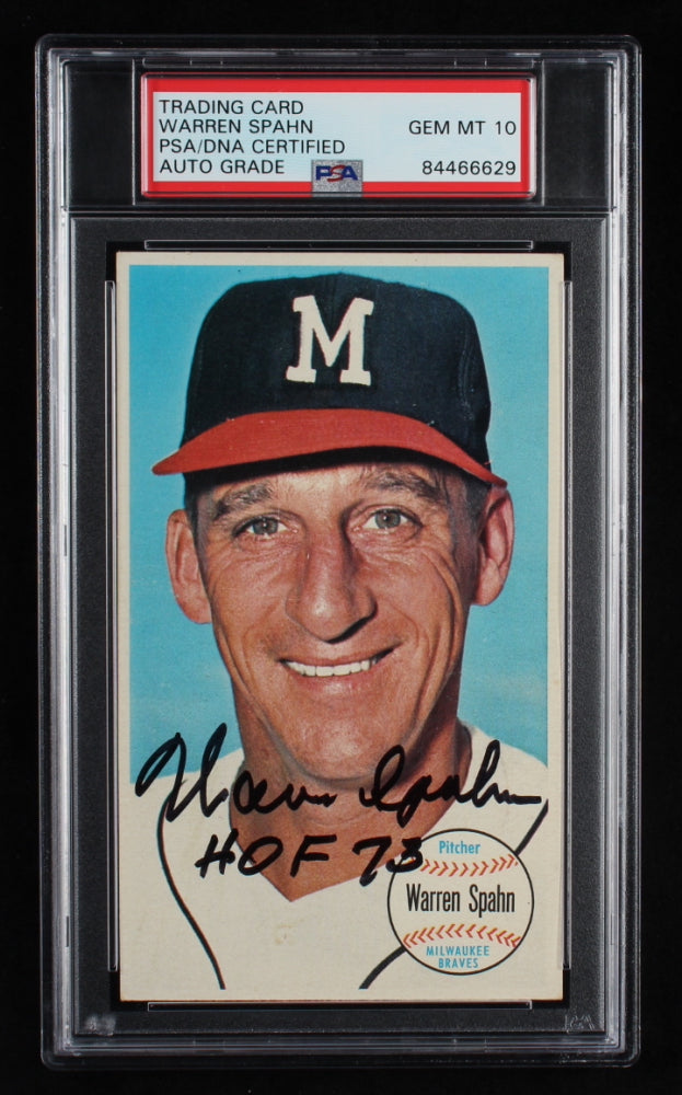 Warren Spahn Signed 1964 Topps Giants #31 Inscribed "HOF 73" - Autograph Graded PSA 10