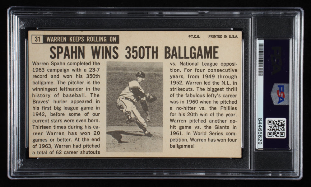 Warren Spahn Signed 1964 Topps Giants #31 Inscribed "HOF 73" - Autograph Graded PSA 10