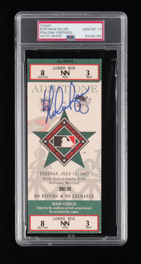 Nolan Ryan & Bob Feller Signed 1993 All-Star Game Ticket - Autograph Graded (PSA) 10