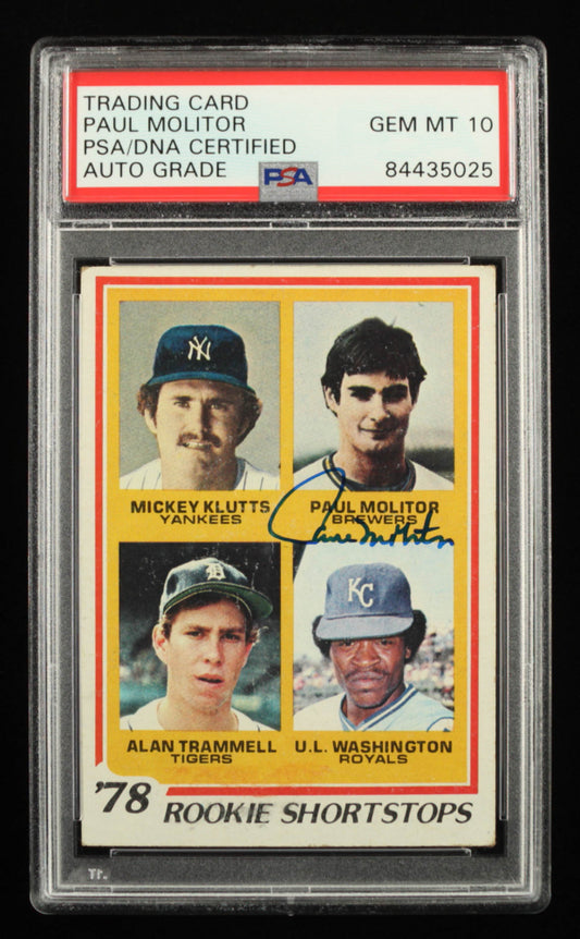 Paul Molitor signed 1978 Topps #707 Rookie Shortstops / Mickey Klutts / Paul Molitor /Alan Trammell /U.L. Washington - Auto Grade PSA 10 - Rookie Card