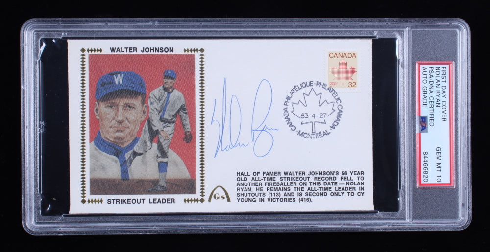 Nolan Ryan Signed 1983 "Walter Johnson Strikeout Leader" FDC Envelope - Autograph Graded PSA 10