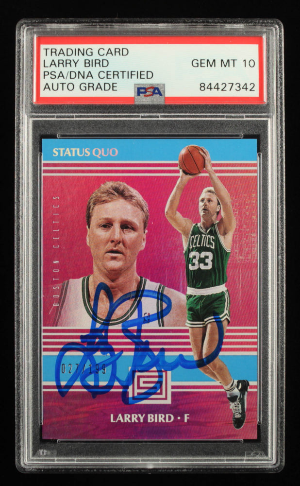 Larry Bird Signed 2017-18 Panini Status Status Quo Blue #9 - Autograph Graded PSA 10 | Serially Numbered #027/199