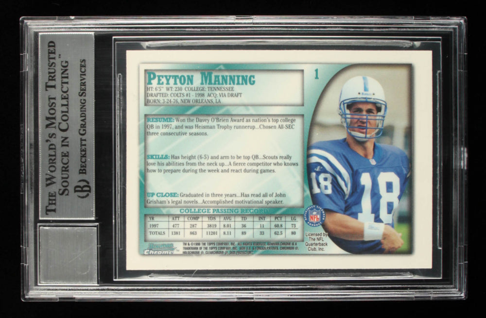 Peyton Manning Signed 1998 Bowman Chrome #1 - Autograph Graded Beckett 10 - Rookie Card