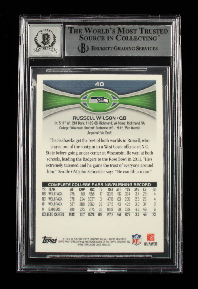 Russell Wilson Signed 2012 Topps Chrome #40A - Autograph Graded Beckett (BGS) 10 - Rookie Card