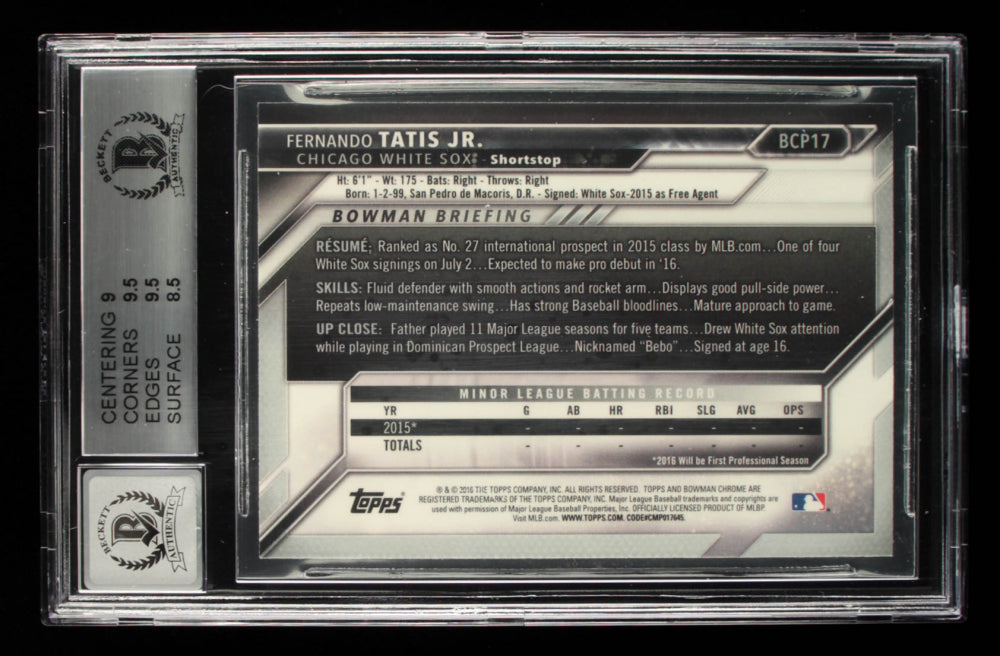 Fernando Tatis Jr. Signed 2016 Bowman Chrome Prospects #BCP17 - Card Grade (BGS 9) - Autograph Graded Beckett 10 - Rookie Card