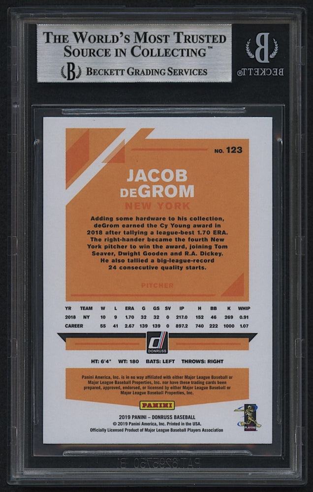 Jacob deGrom Signed 2019 Donruss #123 (Beckett) 2× NL Cy Young Award Winner