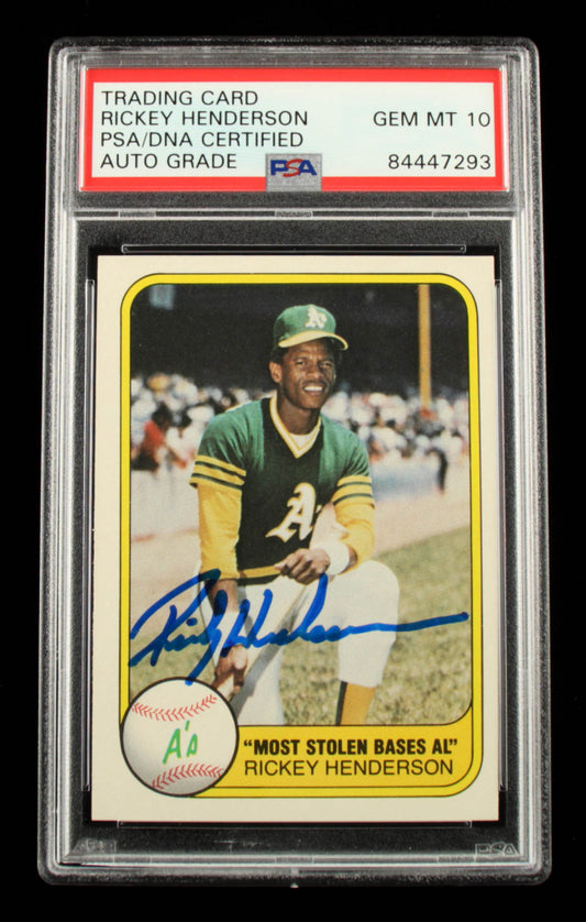 Rickey Henderson Signed 1981 Fleer #351 Most Stolen Bases AL (PSA) Autograph Graded PSA 10