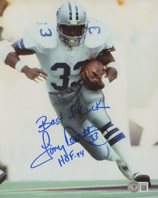 Tony Dorsett Signed (Beckett) Cowboys 8x10 Photo Inscribed "Best Of Luck" & "HOF 94"