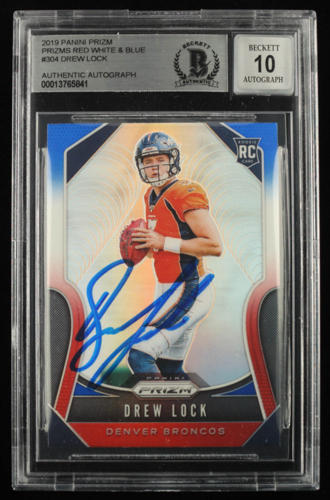 Drew Lock Signed 2019 Panini Prizm Prizms Red White and Blue #304 - Autograph Grade Beckett 10 - Rookie Card