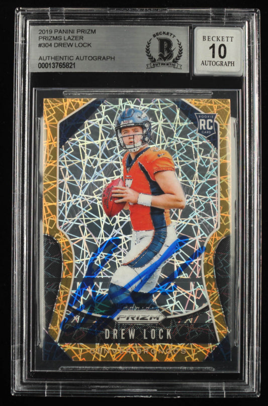 Drew Lock Signed 2019 Panini Prizm Prizms Lazer #304 - Autograph Grade Beckett 10 - Rookie Card