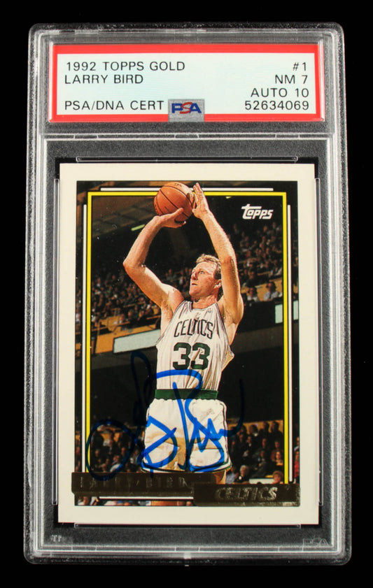 Larry Bird Signed 1992-93 Topps Gold #1 Card Grade (PSA 7) - Autograph Graded PSA 10