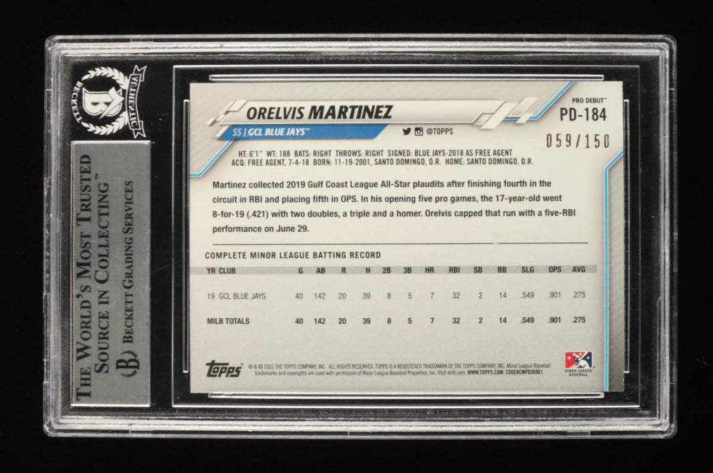 Orelvis Martinez Signed 2020 Topps Pro Debut Autographs Blue #PD184 Serially Numbered #59/150 (BGS) Rookie Card