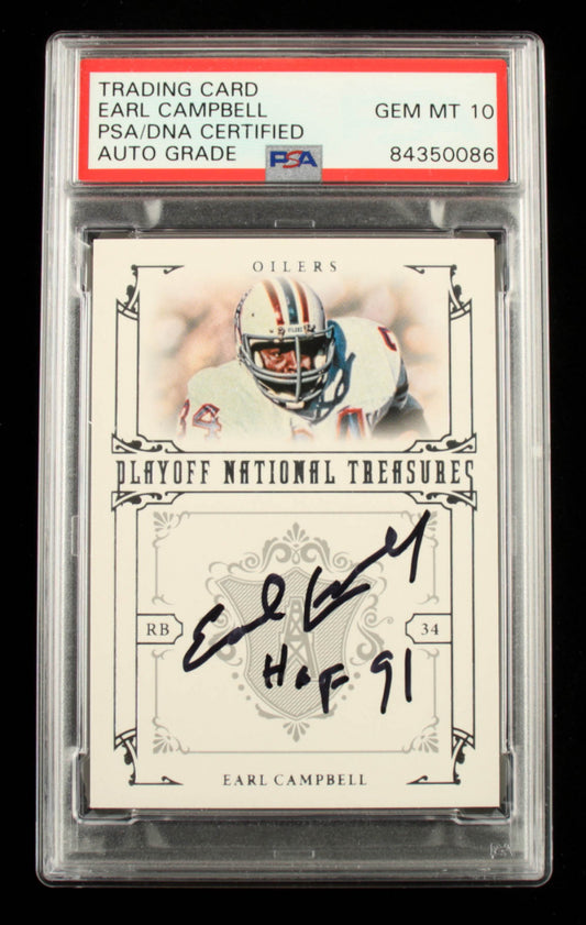 Earl Campbell Signed 2008 Playoff National Treasures #74 #66/99 Inscribed "HOF 91"  Serially Numbered # 66 / 99 | Autograph Graded PSA 10