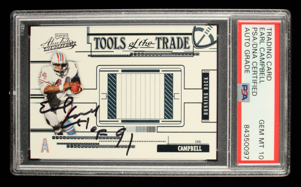 Earl Campbell Signed 2005 Absolute Memorabilia Tools of the Trade Blue #30 Inscribed "HOF 91"  Serially Numbered # 86 / 150 | Autograph Graded PSA 10