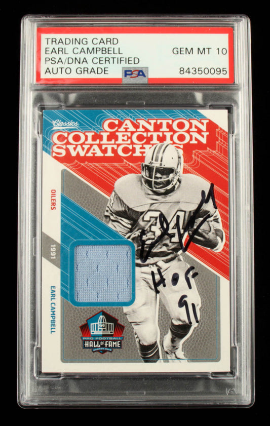 Earl Campbell Signed 2018 Classics Canton Collection Swatches #13 Inscribed "HOF 91" - Autograph Graded PSA 10