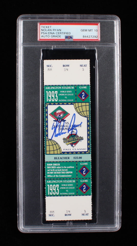 Nolan Ryan Signed 1993 World Series Ticket - Autograph Graded PSA 10