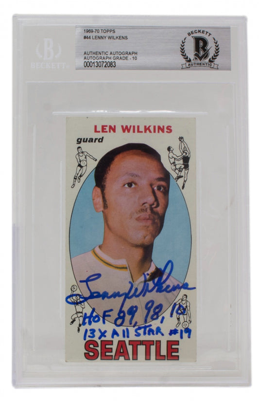 Len Wilkens Signed 1969-70 Topps #44 Inscribed "HOF '89, '98, '10" & "13x All Star" (BAS) Autograph Graded BAS 10