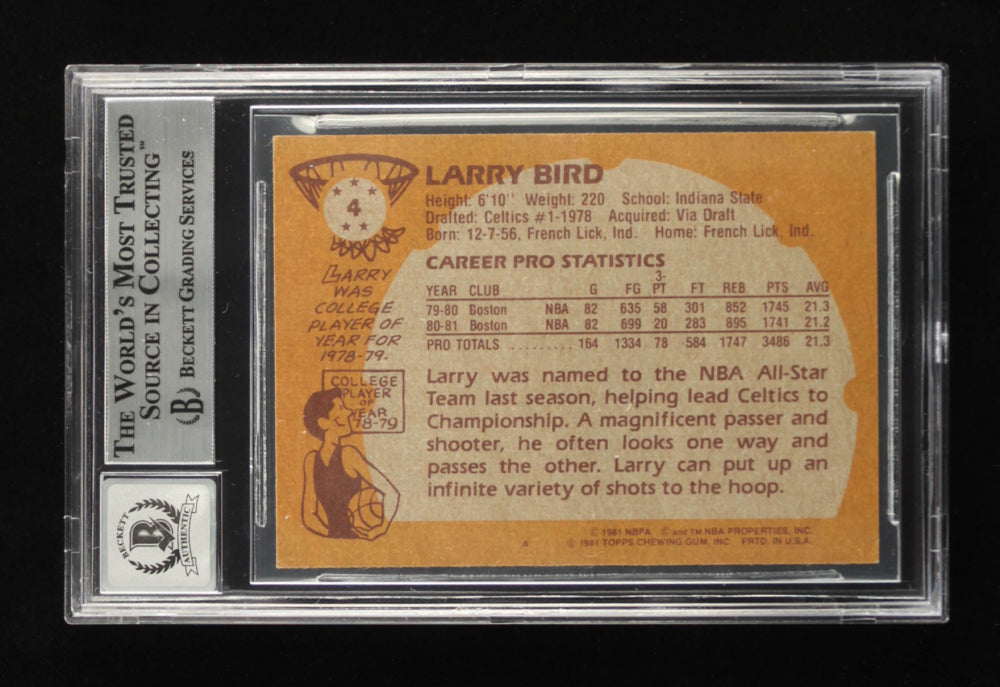 Larry Bird Signed 1981-82 Topps #4 - Autograph Graded Beckett (BGS) 10