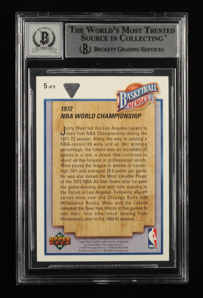 Jerry West Signed 1991-92 Upper Deck Jerry West Heroes #5 1972 NBA World / Championship Autograph Graded Beckett (BGS) 10