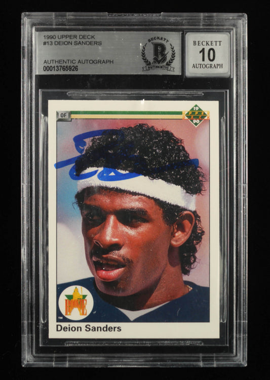 Deion Sanders Signed 1990 Upper Deck #13 - Autograph Graded Beckett (BGS) 10 - Rookie Card