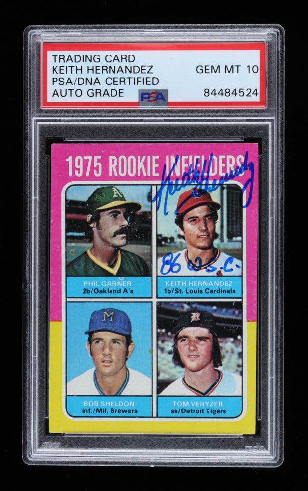 Keith Hernandez Signed 1975 Topps #623 Rookie Infielders / Phil Garner RC / Keith Hernandez RC / Bob Sheldon RC / Tom Veryzer RC Inscribed "86 W.S.C." - Autograph Graded PSA 10 - Rookie Card