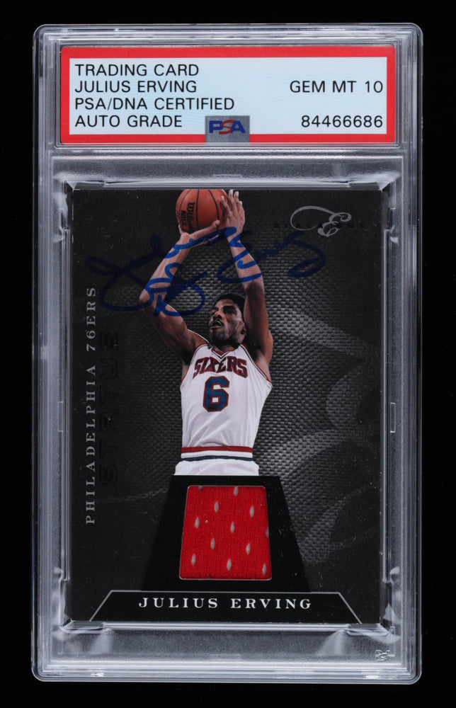 Julius "Dr. J" Erving Signed 2010-11 Elite Black Box Materials #103 Serially Numbered #48 / 49 - Autograph Graded PSA 10