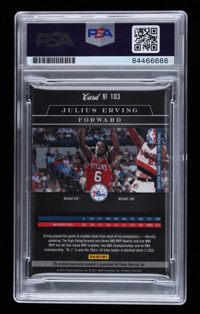 Julius "Dr. J" Erving Signed 2010-11 Elite Black Box Materials #103 Serially Numbered #48 / 49 - Autograph Graded PSA 10