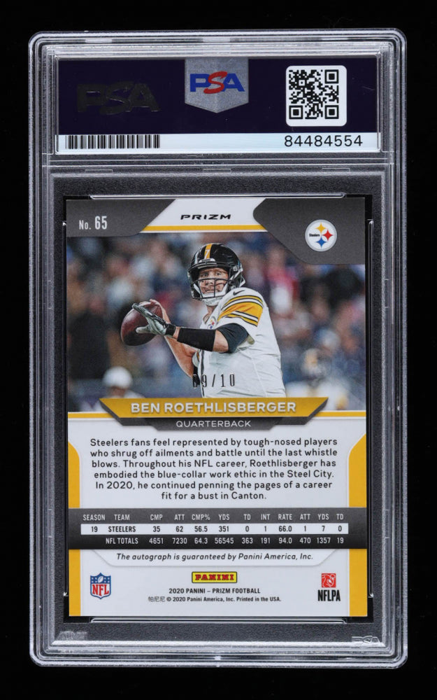 Ben Roethlisberger 2020 Panini Prizm Autographs Prizms Blue #65 - Autograph Graded PSA 10 - Serially Numbered #9 / 10