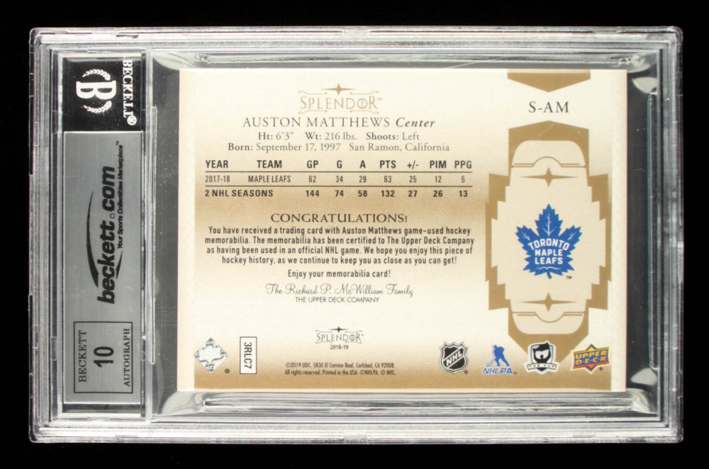 Auston Matthews Signed 2018-19 Upper Deck Splendor #S-AM  - Serially Numbered #03 / 36 | Autograph Graded Beckett (BGS) 10