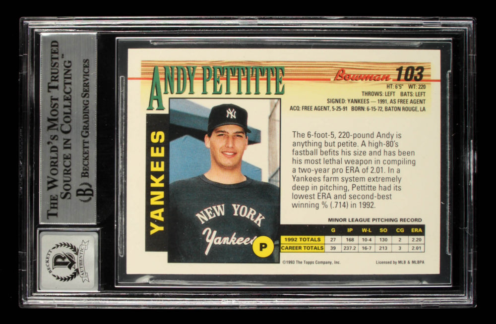 Andy Pettitte Signed 1993 Bowman #103 - Rookie Card | Autograph Graded Beckett (BGS) 10