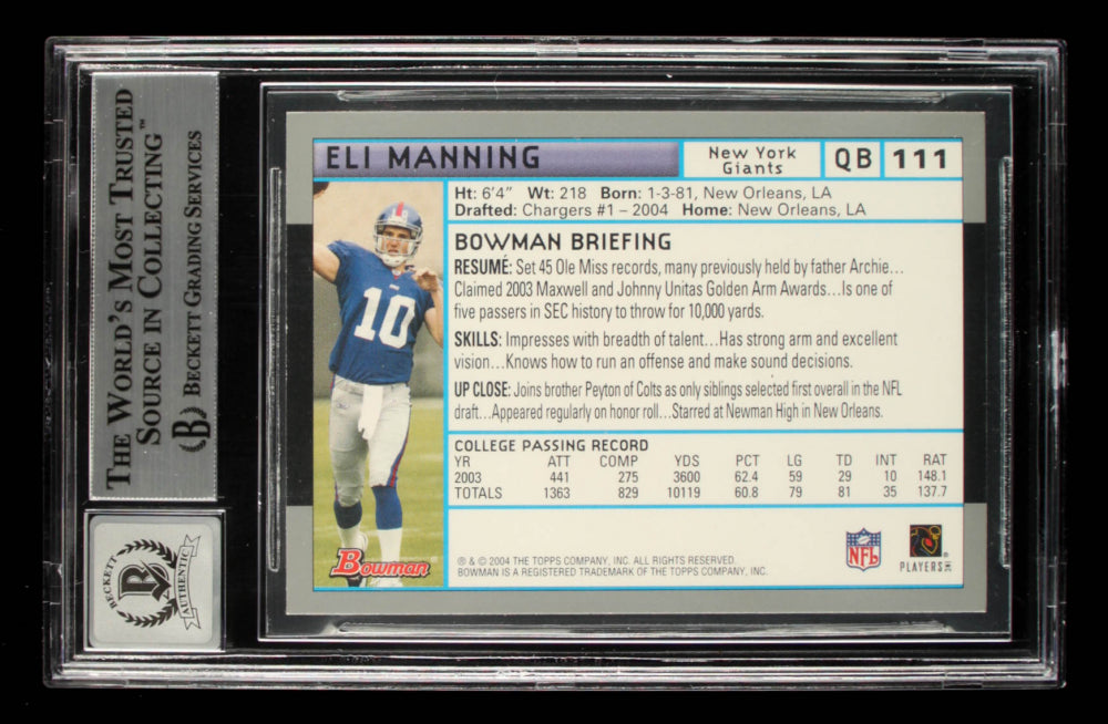 Eli Manning Signed 2004 Bowman #111 - Rookie Card | Autograph Graded Beckett (BGS) 10