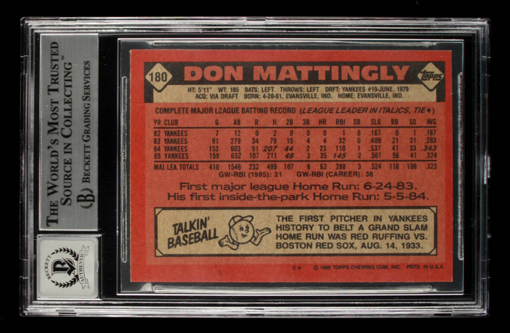 Don Mattingly Signed 1986 Topps #180 Inscribed "Hit Man" - Autograph Graded Beckett (BGS) 10