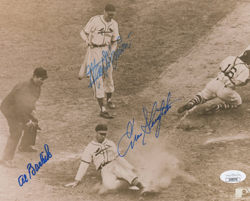 Al Barlick, Enos Slaughter, & Marty Marion Signed 8x10 Photo (JSA) - The Mad Dash - 1946 World Series