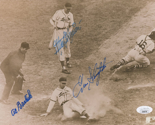 Al Barlick, Enos Slaughter, & Marty Marion Signed 8x10 Photo (JSA) - The Mad Dash - 1946 World Series