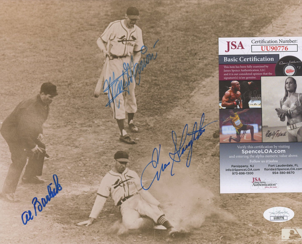 Al Barlick, Enos Slaughter, & Marty Marion Signed 8x10 Photo (JSA) - The Mad Dash - 1946 World Series