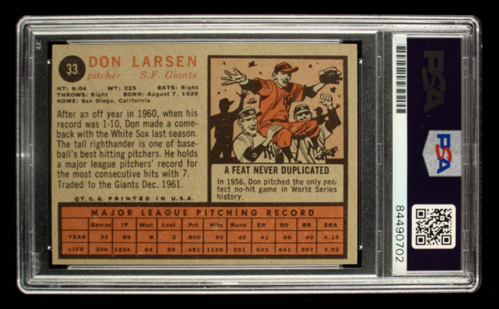 Don Larsen Signed 1962 Topps #33 - Autograph Graded PSA 10