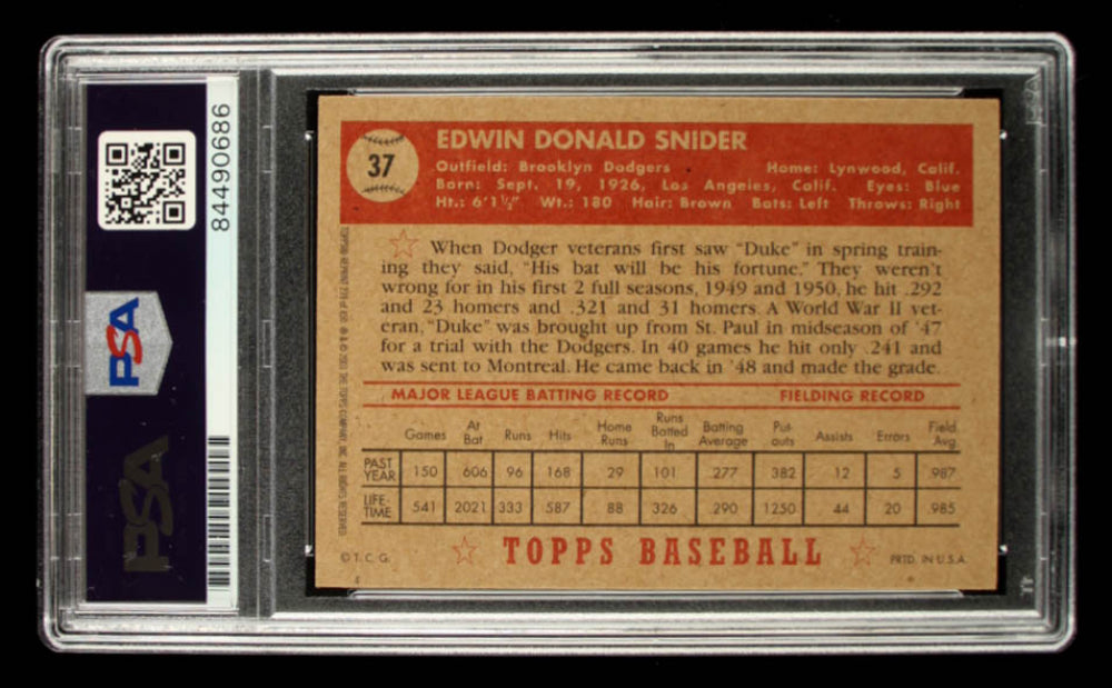 Duke Snider Signed 1983 Topps 1952 Reprint #37 - Autograph Graded PSA 9