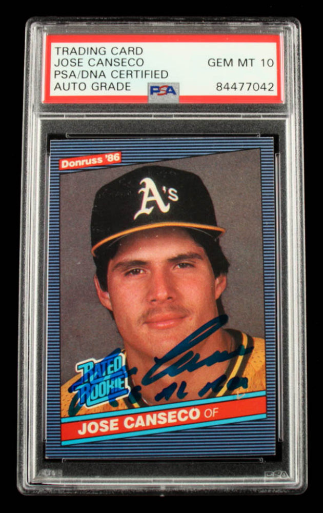 Jose Canseco Signed 1986 Donruss #39 RC Inscribed "86 AL ROY" - Autograph Graded PSA 10 - Rookie Card