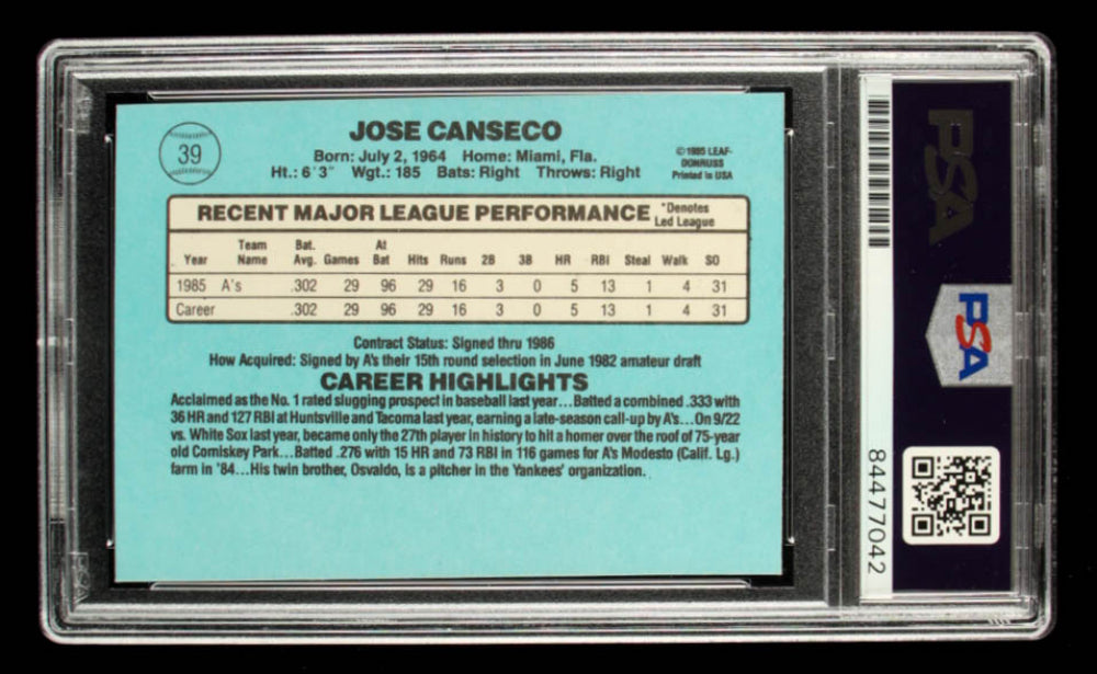 Jose Canseco Signed 1986 Donruss #39 RC Inscribed "86 AL ROY" - Autograph Graded PSA 10 - Rookie Card