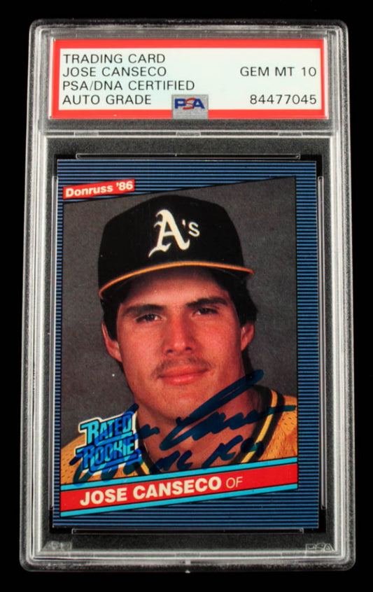 Jose Canseco Signed 1986 Donruss #39 RC Inscribed "86 AL ROY" - Autograph Graded PSA 10 - Rookie Card